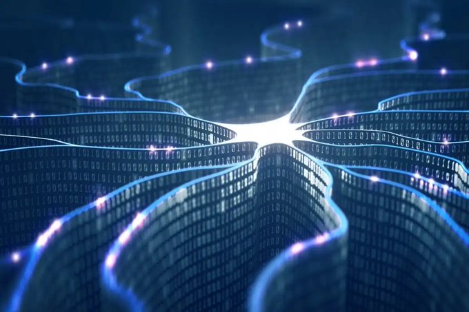 An abstract digital artwork depicting flowing, ribbon-like structures made of binary code and glowing nodes against a dark background, symbolizing data networks or artificial intelligence.