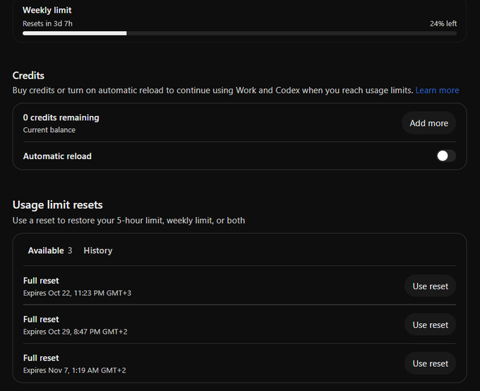 A screenshot of a usage dashboard displays a 'Weekly limit' at 24% with '0 credits remaining', alongside 'Available 3' usage limit resets expiring on various dates in October and November.