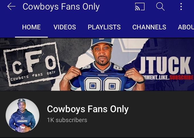This is a screenshot of a YouTube channel called "Cowboys Fans Only" with 1K subscribers, featuring a man in a Cowboys jersey and the text "JTUCK COMMENT..LIKE..SUBSCRIBE". The post's message "Next stop 30k! The grind is eternal!" suggests the channel is aiming for significant subscriber growth, mirroring the "grind" of the accompanying content.