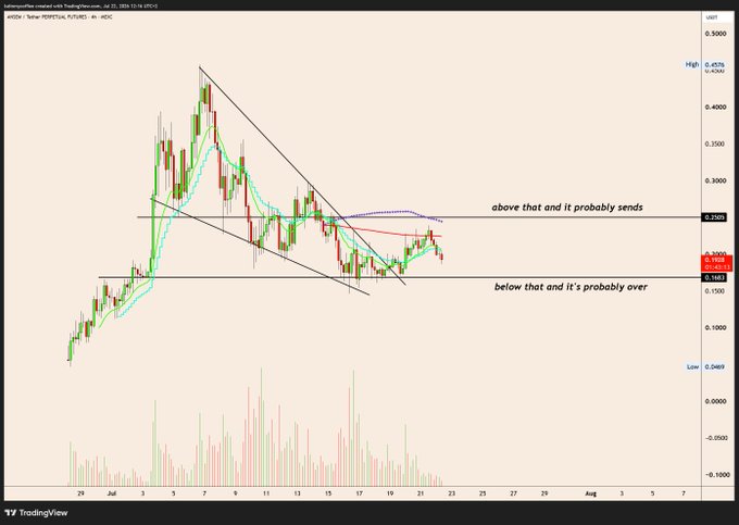 A TradingView 4-hour chart for ARIA/USDT (formerly ANSEM) on Binance shows a descending triangle pattern following a late-June peak near $0.4576, with two annotated horizontal levels—"above that and it probably sends" near $0.2553 and "below that and it's probably over" near $0.1859. The post's suggestion to short a Binance listing pump aligns with the chart's bearish structure, which favors further downside unless price breaks back above the upper resistance.