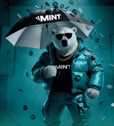 A 3D-rendered, stylized image of a polar bear wearing sunglasses, a gold chain, and a teal puffer jacket with 'MINT' printed on it, holding a black and white umbrella amid falling coins.