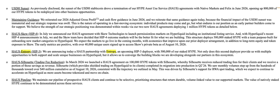 This image shows bullet points about a USDH Stablecoin announcement, detailing a termination of HAUS agreements with Native Markets and Felix that freed up 800,000 HYPE tokens, along with new HAUS partnerships including a HIP-4 agreement with Skew, a HAUS-Entropy (HIP-3) deployment with Entropy (500,000 HYPE tokens), and other initiatives. The accompanying post highlights that Entropy is now a real Hyperliquid deployer with 500,000 HYPE staked, linking to SEC filings and on-chain transaction data as proof of this deployment.