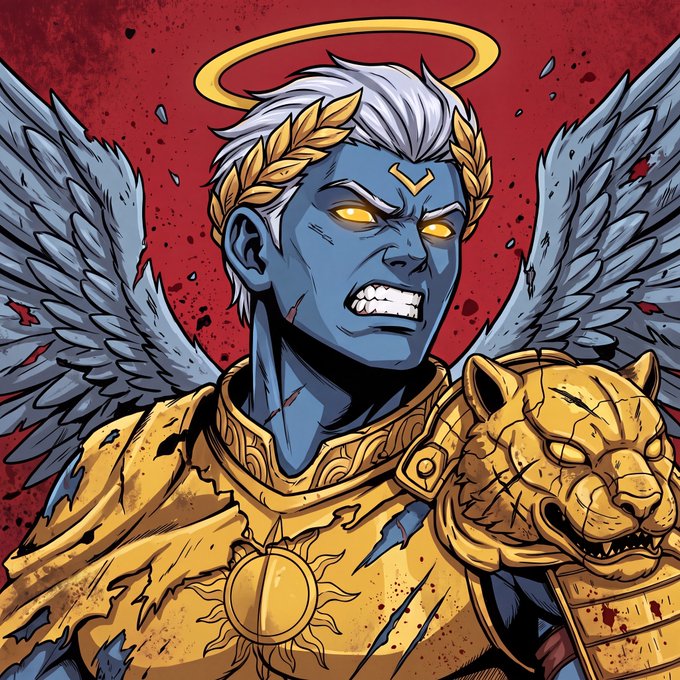 A fierce comic-style angel with glowing yellow eyes, white hair, a golden halo, and large feathered wings, wearing ornate golden armor featuring a sun emblem and a panther head pauldron against a blood-red splattered background.