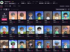 This screenshot shows a collection of NFTs, likely from "Treecher," with prices listed in SOL, relating to a "10 sol waiting room." The displayed NFTs appear to be cartoon avatars with varying styles and accessories.