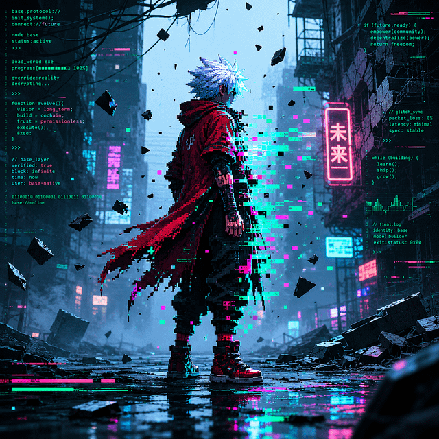 The image features a man dressed in red, standing in a city street surrounded by neon lights and rubble. There are neon signs in various colors surrounding him, including blue, pink, green, and yellow. The scene appears to be a digital art piece or an illustration that captures the essence of urban decay and the impact of technology on our lives.