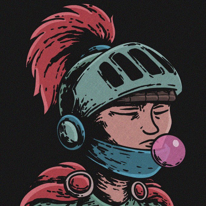 A stylized comic/illustration of a character wearing a teal helmet with a red plume, eyes closed, blowing a pink bubblegum bubble.