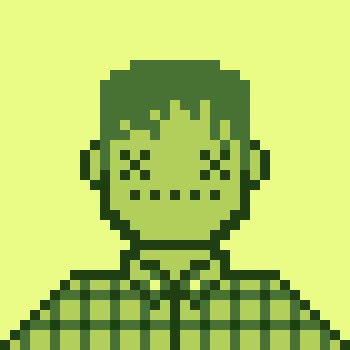 Pixel art illustration of a person with green hair and a green checkered shirt on a light green background.