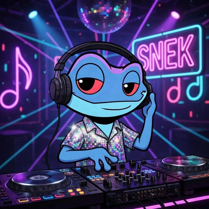 A cartoon blue snake character wearing headphones and a sequined shirt DJs at a neon-lit club, with a disco ball above and a sign reading "SNEK".