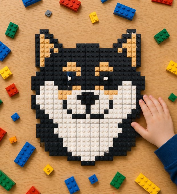 A pixel-art style portrait of a husky dog created entirely out of Lego bricks on a wooden surface, surrounded by scattered colorful Lego pieces and a child's hand.