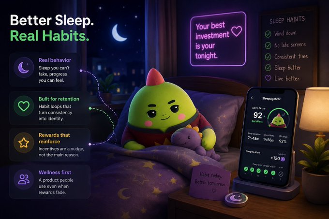 A promotional graphic titled 'Better Sleep. Real Habits.' featuring a cute green dinosaur character in bed next to a 'Sleepagotchi' phone app displaying a sleep score of 92, with bullet points about real behavior, habit retention, rewards, and wellness.