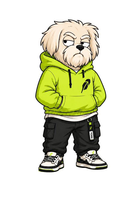 A cartoon dog character wearing a neon green hoodie, black cargo pants, and sneakers stands with hands in pockets, featuring a "YORK" tag and a lightning bolt logo on the hoodie—matching the $YORK meme coin branding referenced in the post.