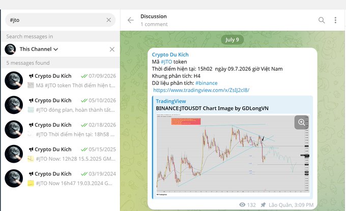 A Telegram channel showing messages from 'Crypto Du Kích' discussing #JTO token analysis with a BINANCE:JTOUSDT TradingView chart posted on July 9.