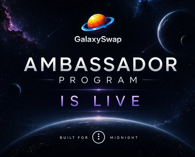 "GalaxySwap Ambassador Program" written in white letters at the top of a poster with planets and stars.