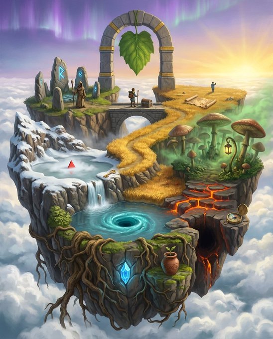 A surreal floating island floats above the clouds, featuring diverse biomes connected by winding paths—icy peaks, a glowing portal pond, mushroom groves, lava streams, and a stone archway with a green leaf sigil, where small figures and runestones bearing runes like "R" gather. The varied realms and pathways mirror the post's message about fragmented "deeds" or worlds, each a doorway but none encompassing the whole, with the leaf arch and pond hinting at growth and entry into TOBYWORLD.