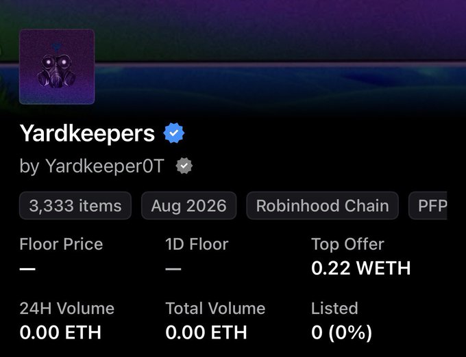 The image shows the OpenSea listing page for the "Yardkeepers" NFT collection (by Yardkeeper0T), which hasn't launched yet—it displays 3,333 items scheduled for August 2026 on the Robinhood Chain, with a Top Offer of 0.22 WETH despite zero volume and no listings, directly supporting the post's claim about an early pre-launch bid on the unreleased collection.