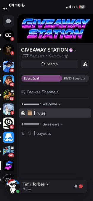 A screenshot of a Discord server called "GIVEAWAY STATION" with 1,777 members, showing channels for rules, welcome, giveaways, and payouts.
