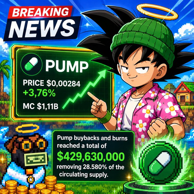 A 'BREAKING NEWS' graphic features an anime-style character in a pink floral shirt and green beanie next to a chart showing PUMP price at $0.00284 with a +3.76% gain, MC $1.11B, noting pump buybacks and burns reached $429,630,000, removing 28.580% of circulating supply.