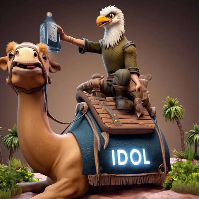 A whimsical 3D rendering of an anthropomorphic eagle character riding a camel, holding up a blue bottle, with 'IDOL' displayed in glowing text on the camel's blanket.