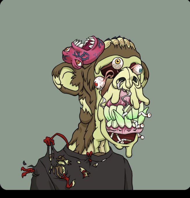 Illustration of a grotesque zombie-like monkey character with bulging eyes, exposed teeth, and a pink brain-shaped object on its head.