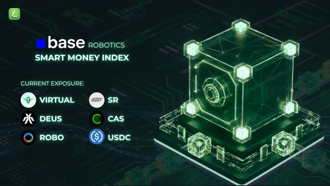 The image shows an advertisement for a robotics company, Base Robots, which appears to be promoting smart money indexing services through its unique virtual tokens. The focus of the ad is centered around these tokens, showcasing their features and benefits related to smart money indexing. There are multiple examples of such tokens displayed on the screen, along with descriptions explaining what they represent in relation to the company's offerings.