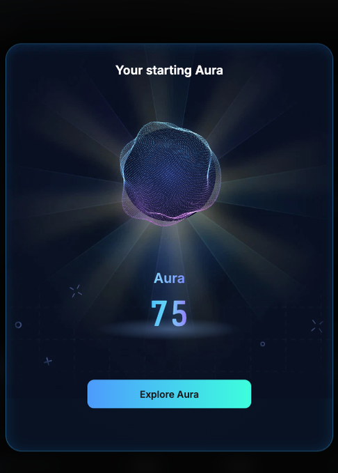 Dark-themed UI screen displaying 'Your starting Aura' as 75, featuring a glowing wireframe sphere above an 'Explore Aura' button.