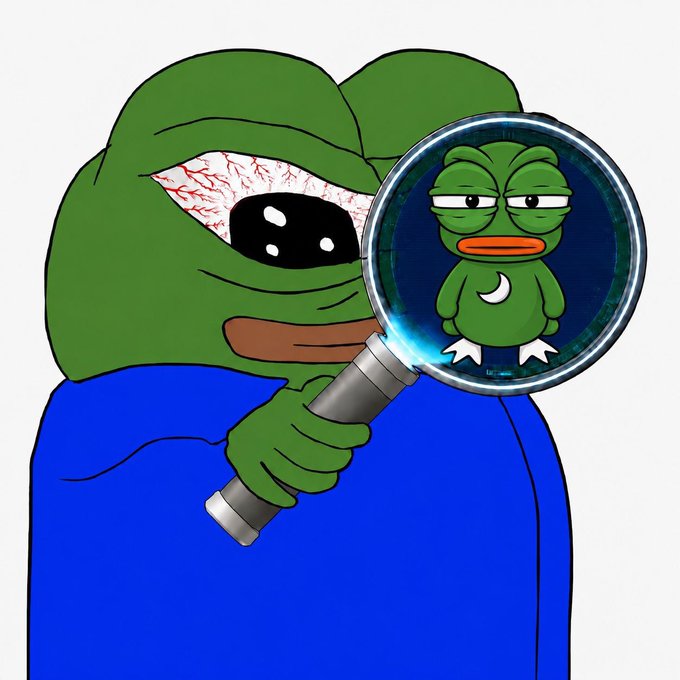 An illustration of a Pepe the Frog character holding a magnifying glass that reveals another smaller Pepe-like character inside the lens.