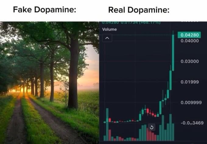 A meme-style image compares 'Fake Dopamine' with a serene sunset forest path against 'Real Dopamine' showing a cryptocurrency trading chart with a dramatic green spike to 0.04280.