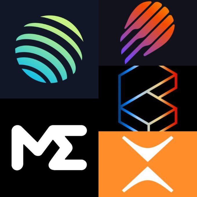 The image features four logos, each with a different color scheme and design. One logo has a green circle with a blue line through it, another has an orange triangle with a blue line through it, and the third one has a red triangle with a blue line through it. The fourth logo is a white square with an orange line through it. These logos are displayed in a grid format on a black background, making them stand out against each other. The image also contains text that reads "What Solana project are you most excited about? Tag them in the comments". This suggests that the viewers might be interested in discussing and sharing their excitement for the Solana project or any related projects.