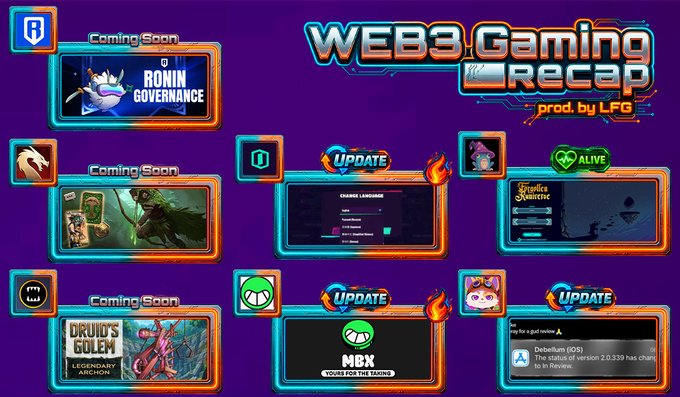 A 'WEB3 Gaming Recap' infographic produced by LFG, featuring various game panels labeled 'Coming Soon' like 'RONIN GOVERNANCE' and 'DRUID'S GOLEM', alongside 'UPDATE' sections for games like 'MBX' and 'Debellum (IOS)'.