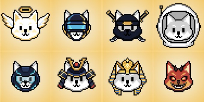 A collection of eight pixel-art dog/canine character avatars in various outfits including an angel, a ninja, an astronaut, a samurai, and a fiery warrior, displayed on a tan checkered background.