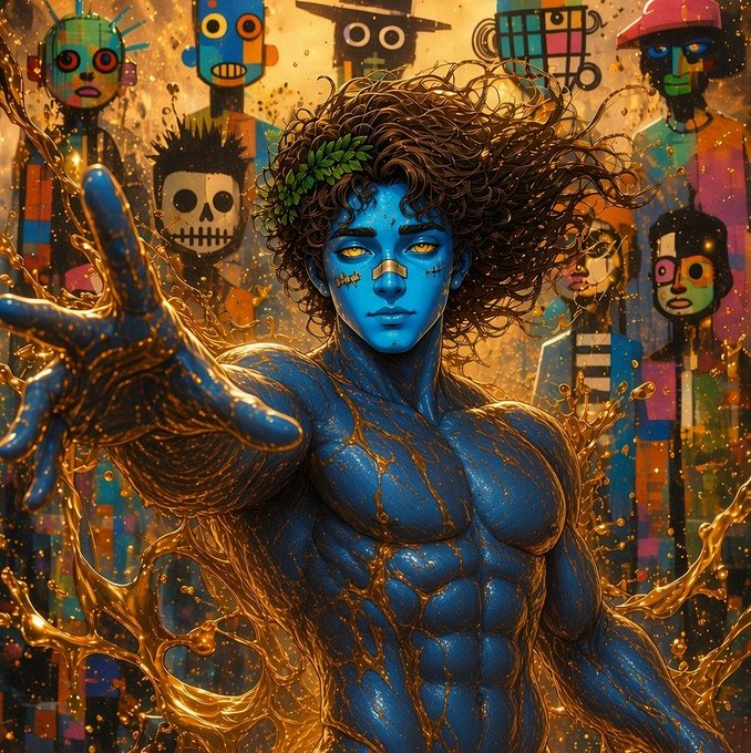 A vibrant digital illustration of a muscular blue-skinned male figure with flowing curly brown hair, a green laurel, and golden energy swirling around him, surrounded by colorful tribal mask figures in the background.