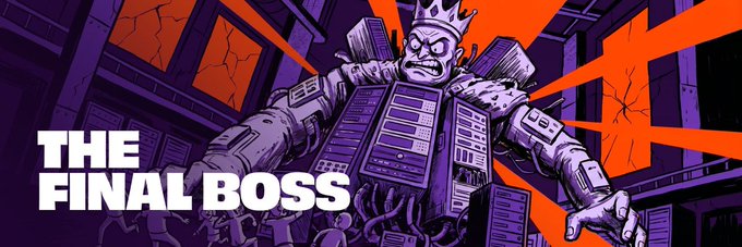 A cartoon illustration of a menacing robot-king made of servers and computer components, crowned and labeled 'THE FINAL BOSS'.