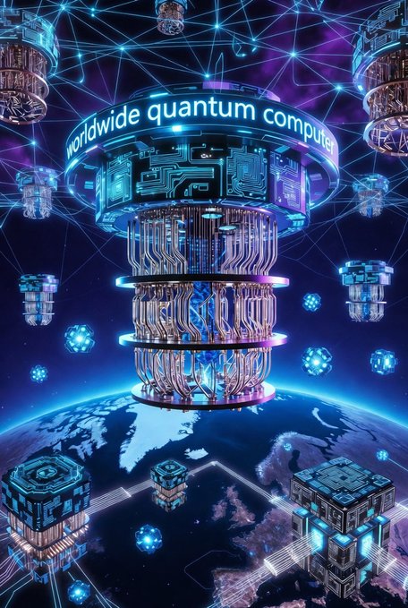 A futuristic digital illustration depicting a glowing 'worldwide quantum computer' tower with interconnected nodes and circuitry, hovering above the Earth against a cosmic purple and blue background.
