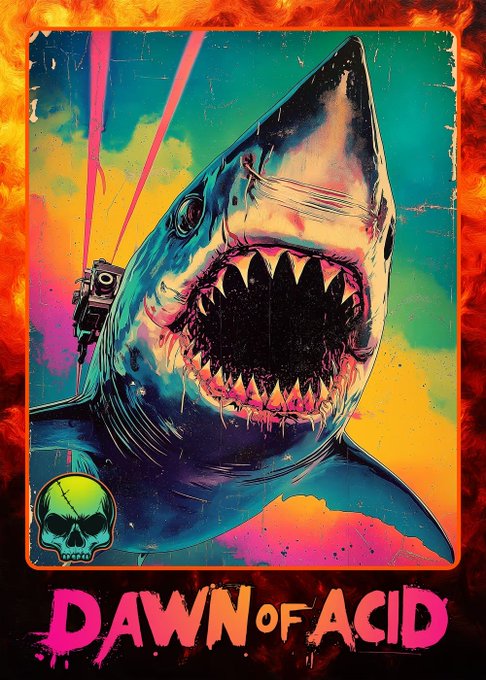 A vibrant, psychedelic poster titled 'DAWN OF ACID' featuring a menacing shark with an open mouth, a vintage camera, and a green skull logo against a fiery orange border.