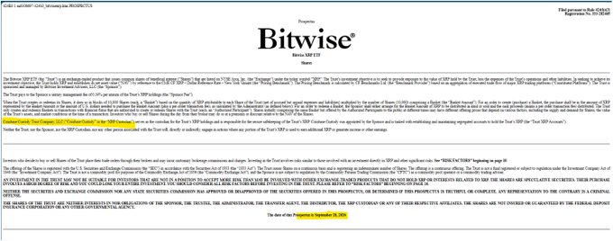 A document header showing a Bitwise XRP ETF prospectus filing (Form 424B3), with the accompanying post highlighting key details including the September 28 filing date, $XRP ticker, Coinbase Custody as custodian, and a 0.34% fee, all relating to Bitwise's ongoing SEC registration efforts for their spot XRP ETF.