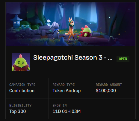 A webpage showing a 'Sleepagotchi Season 3' campaign banner featuring cartoon characters in a forest, with details indicating a Contribution campaign type, Token Airdrop reward of $100,000, Top 300 eligibility, and 11D 01H 03M remaining.