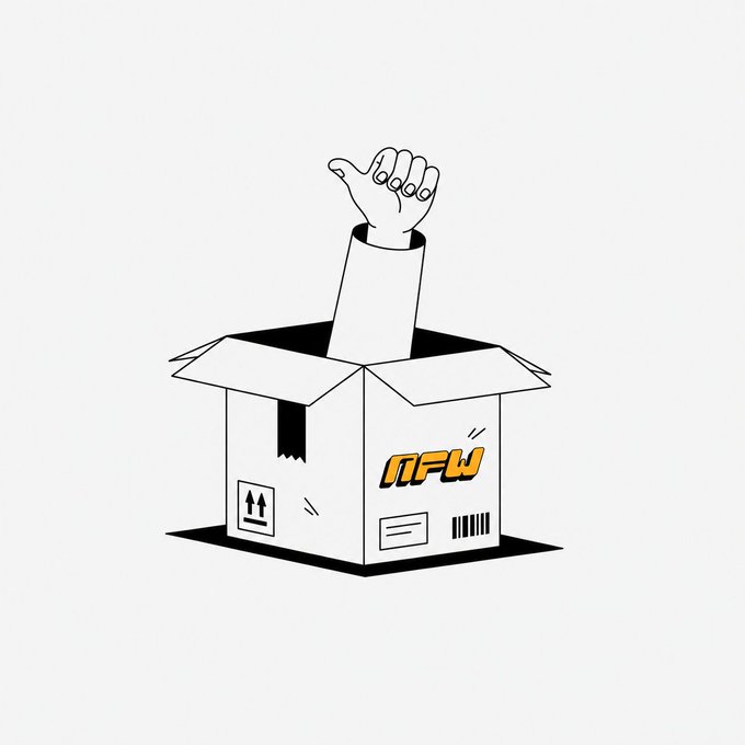 A minimalist black-and-white line illustration of a hand reaching out from inside an open cardboard shipping box labeled 'NFW'.
