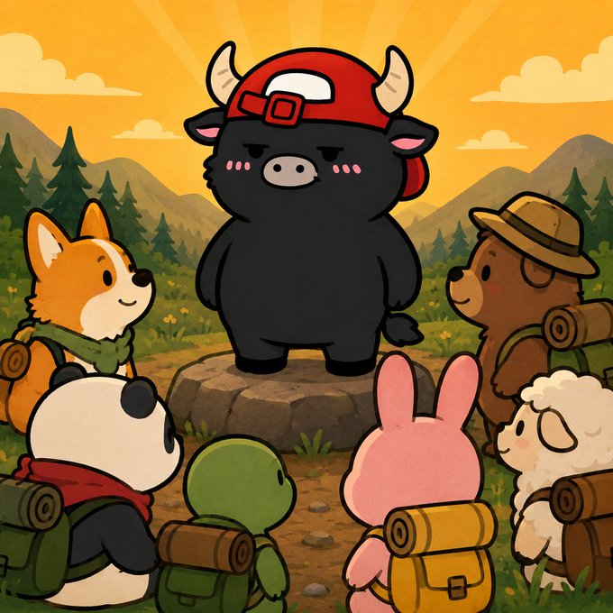 A cartoon illustration of various cute animals with backpacks gathered around a large black bull wearing a red cap, set against a sunset landscape.