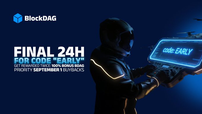 A futuristic astronaut holds a glowing holographic display showing "code: EARLY" alongside promotional text reading "BlockDAG - FINAL 24H FOR CODE 'EARLY' GET REWARDED TWICE: 100% BONUS BDAG PRIORITY SEPTEMBER 1 BUYBACKS," visually reinforcing the urgency of the bonus offer tied to the EARLY promo code.