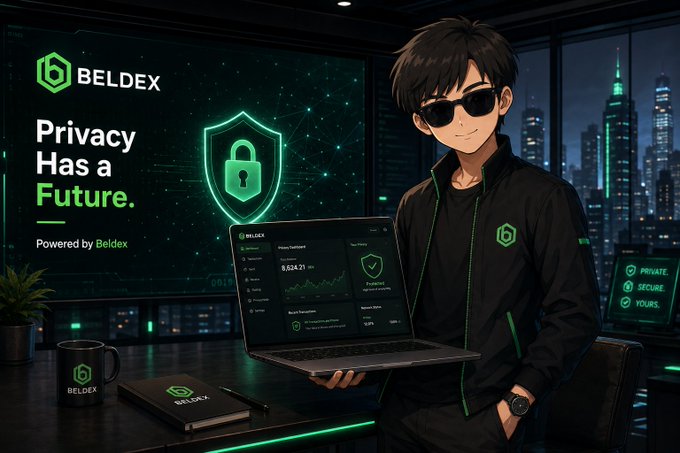 A 'BELDEX' promotional image with the tagline 'Privacy Has a Future,' featuring an anime-style character in a black jacket holding a laptop in a high-tech office setting.