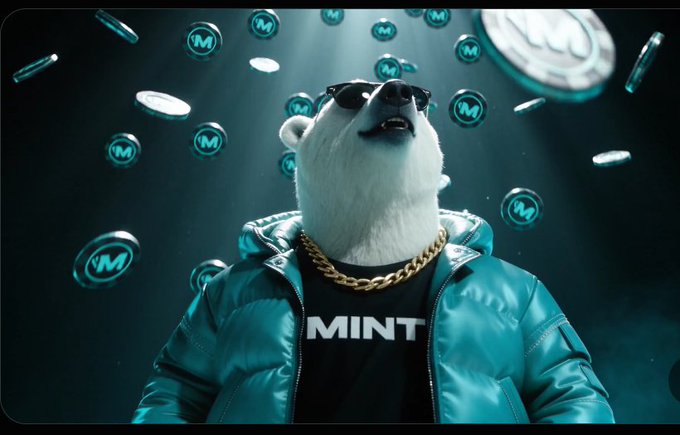 A digital illustration of a polar bear wearing sunglasses, a gold chain, and a teal puffer jacket with 'MINT' on the t-shirt, surrounded by falling teal cryptocurrency tokens with the 'M' logo.