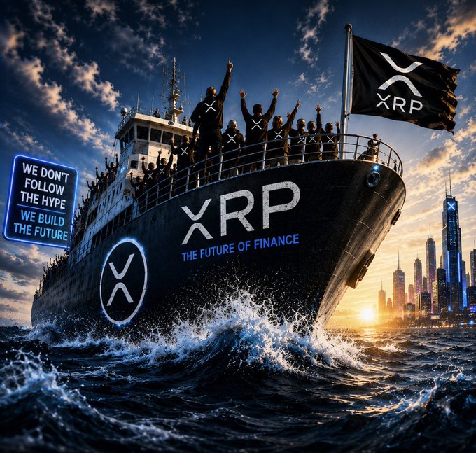 A massive black ship emblazoned with "XRP - THE FUTURE OF FINANCE" sails through stormy seas with supporters raising their fists, accompanied by the text "WE DON'T FOLLOW THE HYPE WE BUILD THE FUTURE" and a prominent $XRP flag, visually reinforcing the post's rallying call to "WHO'S STILL ON THE XRP BOAT?"