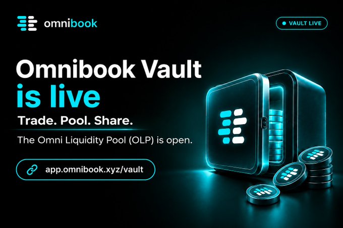 A promotional graphic for Omnibook announces that the "Omnibook Vault is live" with the tagline "Trade. Pool. Share." and notes that "The Omni Liquidity Pool (OLP) is open," directing users to "app.omnibook.xyz/vault," accompanied by a glowing cyan digital vault and stacked coins.