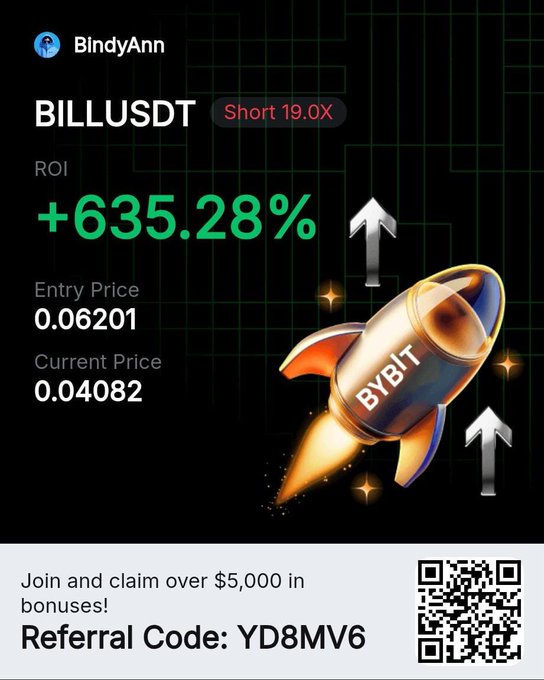 A trading infographic shows a short position on BILLUSDT by BlindyAnn with a +635.28% ROI, an entry price of 0.06201, and a current price of 0.04082, featuring a rocket with 'BYBIT' on it and a referral code 'YD8MV6'.