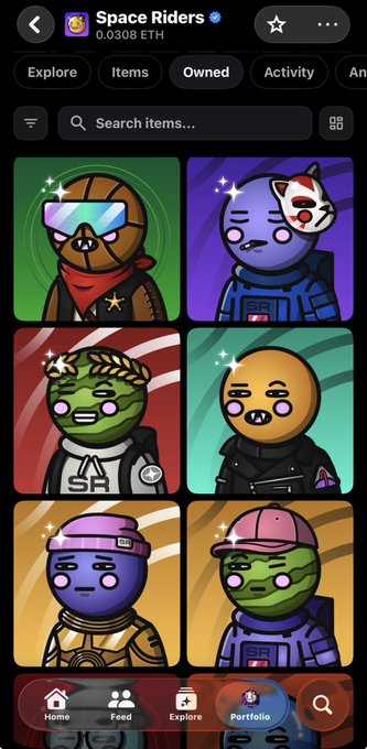 A mobile app screenshot of the "Space Riders" NFT collection displaying cartoon character avatars like an Ewok, a fox-masked figure, and astronauts.