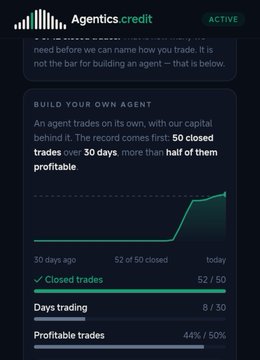 A mobile app interface for 'Agentics.credit' showing an AI trading agent with a '52 / 50' closed trades stat and a line graph trending upward.