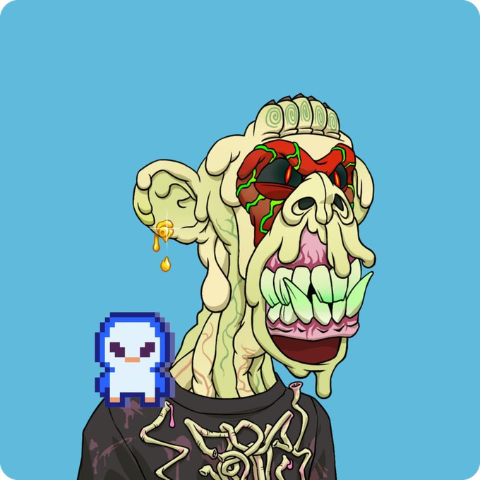 An illustrated grotesque monster character with sharp green teeth and a small pixel-art ghost companion, set against a light blue background.