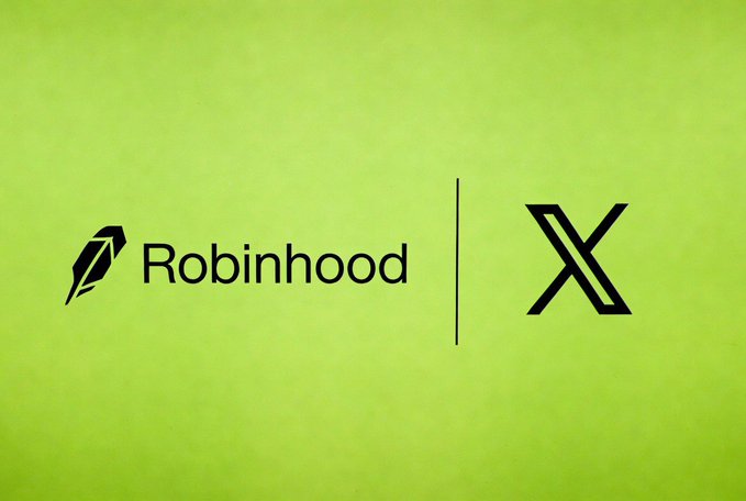 A green graphic displaying the Robinhood logo alongside the X (formerly Twitter) logo, indicating a partnership or integration.