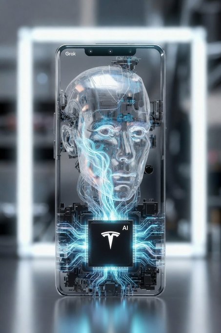 The image features a smartphone with an AI chip displayed on its screen. The phone's design includes a face, which appears to be a human head or a robot-like figure. The background of the image shows a blurred cityscape, indicating that the scene is set in an urban environment. The post about Tesla phones and Grok OS seems to be promoting the idea of having real-time intelligence at one's fingertips through this particular phone model.

The AI chip on the smartphone screen could potentially provide various features such as speech recognition, image or video processing, machine learning capabilities, and more. This futuristic device might revolutionize how people interact with technology by offering a seamless user experience that combines the convenience of modern smartphones with advanced AI functionalities.