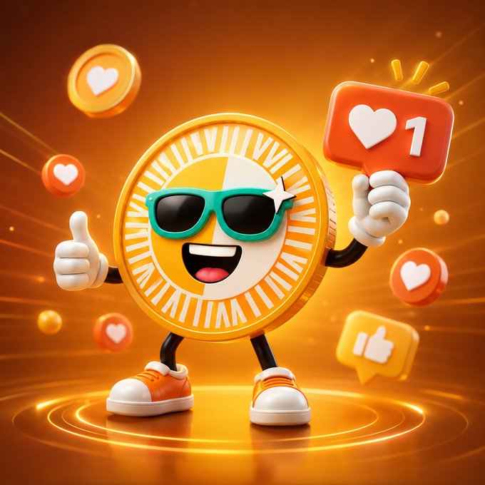 A cheerful gold token mascot wearing teal sunglasses holds up a "1" heart notification sign, surrounded by floating heart and thumbs-up icons—visually symbolizing engagement and rewards for the veSUN staking and governance program on SUN.io.